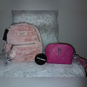 GUESS pink furry mini backpack + STEVE MADDEN bling Rhinestone Clutch Bag NWT
